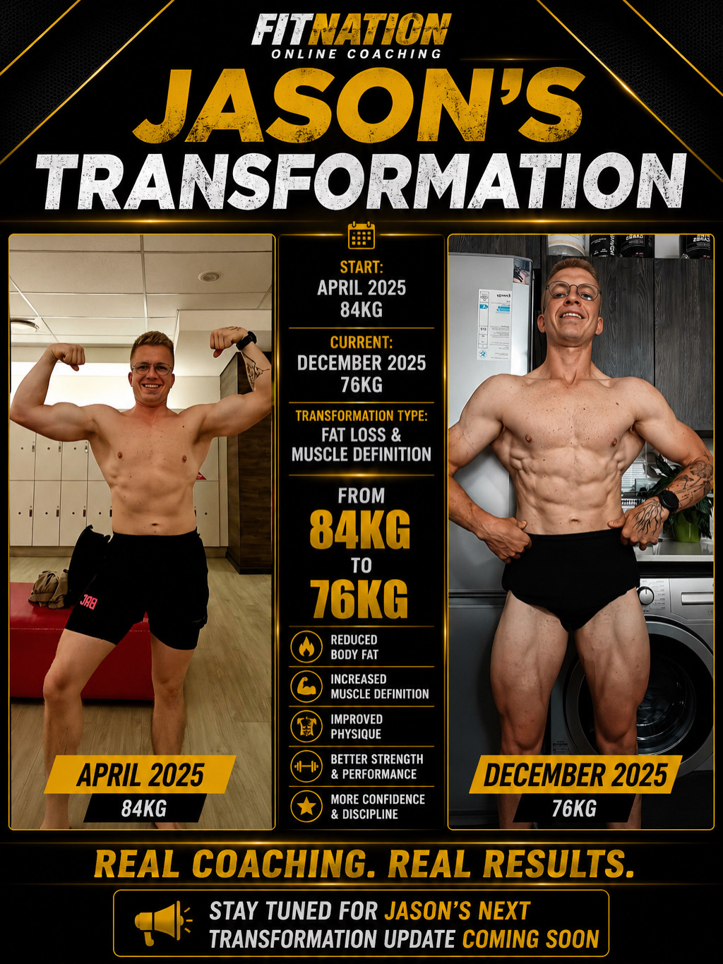 Jason's transformation: 84kg to 76kg fat loss and definition